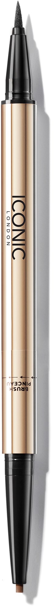 A dual-ended eyeliner pencil with black and gold metallic body, labeled 'ICONIC' and 'LONG LASTING'.