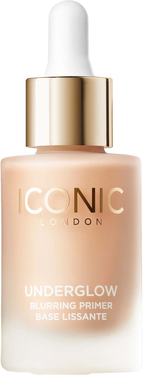 A beauty product bottle with a white dropper cap, beige bottle, gold band, and brand name ICONIC London.