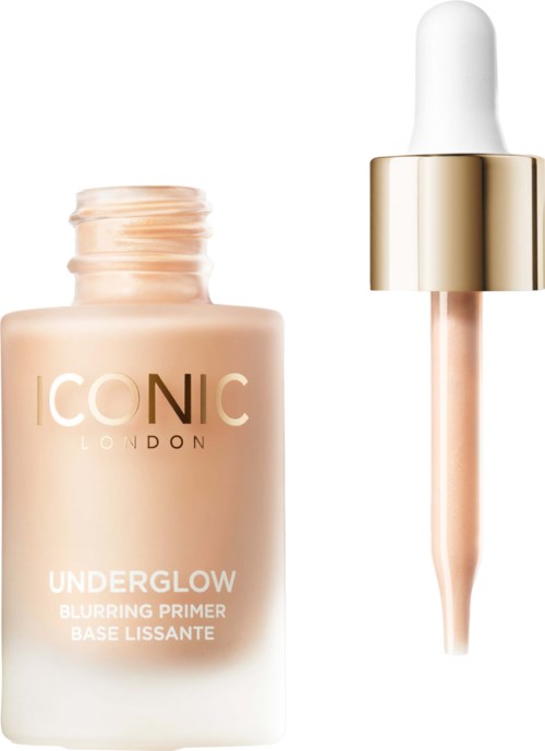 A beige bottle with a white and gold dropper cap, labeled 'CONC London Under Glow Blurring Primer.'