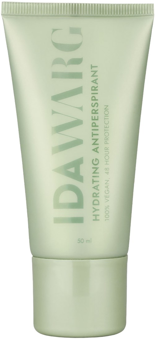 Lichtgroene tube gemerkt 'IDAVIRG' voor hydraterende anti-transpirant, vegan, 50 ml, 24 uur bescherming.
