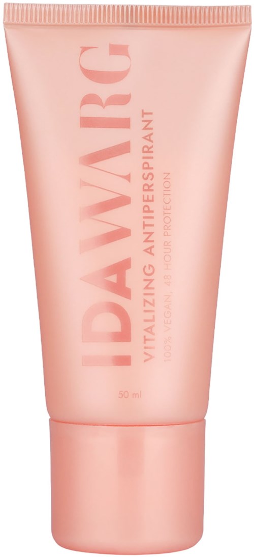 Pink tub märkt 'IDAWG' med text om vitalisering och antisvettfördelar.