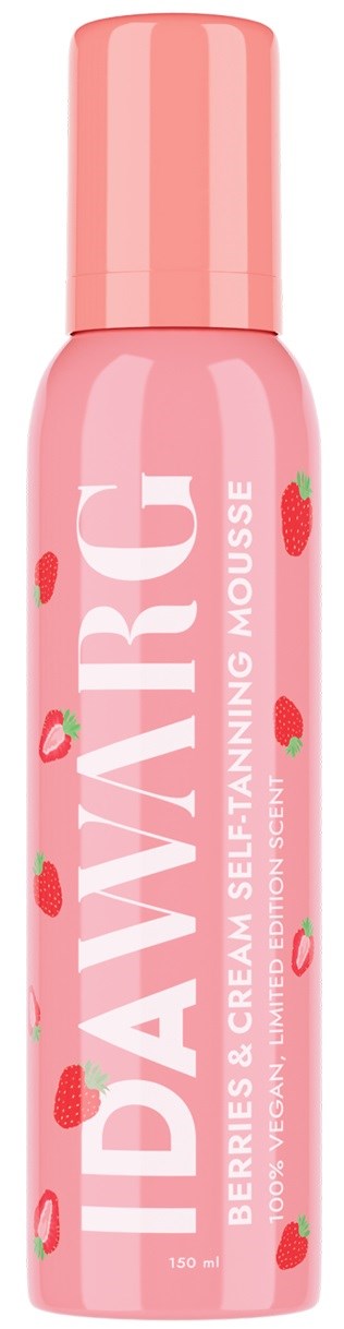 Pink bottle with strawberries, labeled 'IDARE' self-tanning mousse, 150 ml.