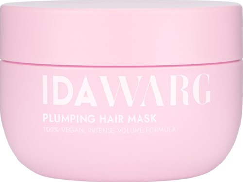 Runde, pinke Verpackung mit weißem Text: IDAWARG, Plumping Hair Mask, vegan, für Volumen.