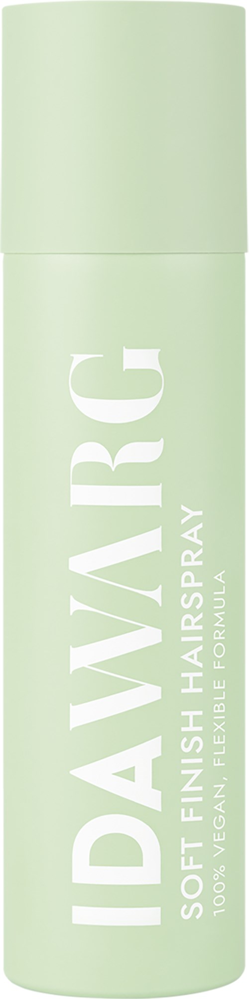 Eine hellgrüne zylindrische Sprühdose mit der Aufschrift 'IDAVIRG' und Beschreibung 'Soft Finishing Hairspray.'