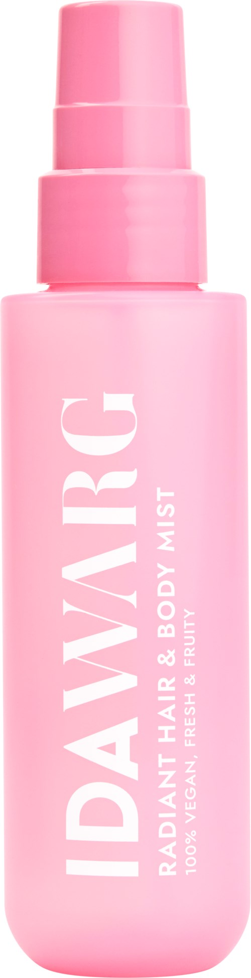 Pink spray bottle with white text for Idavarc hair and body mist.