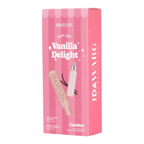 Pink gift box with vanilla-scented hair and shower mousse, and a small vanilla pod illustration.