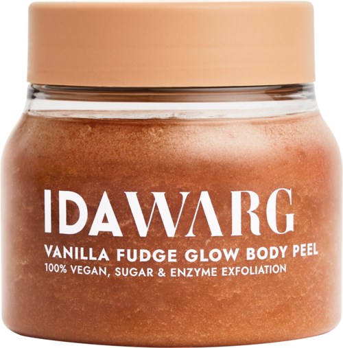 Vaniljfudge glow bodilyta i glasburk med ljusbeige lock, visar exfolierande struktur och rosa nyans.