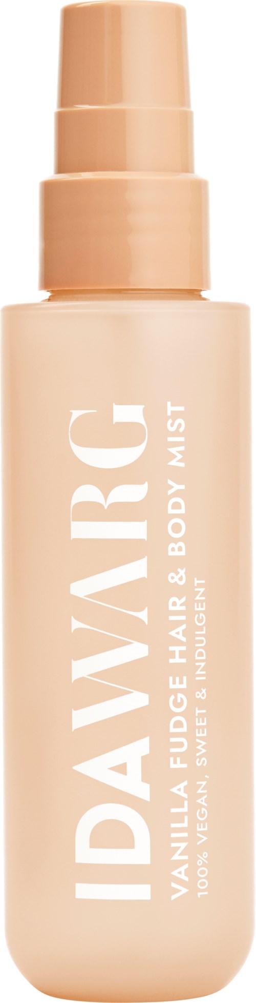 Beigein suihkepullo, jossa on pumppupää ja etiketti IDAVIRG Vanilla Fudge Hair and Body Mist.