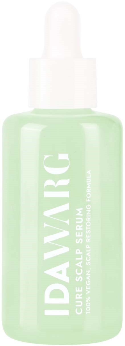 A green bottle with a white dropper cap, labeled 'IDAVARG' for scalp serum. The text indicates it is a cure serum.