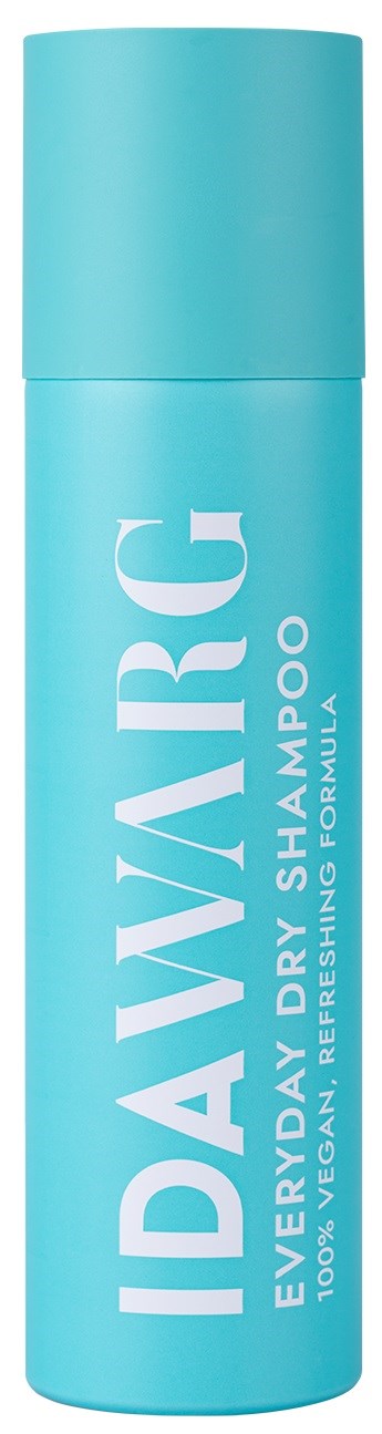 Een lange, blauwe cilindervormige fles met witte tekst, gelabeld 'IDAWIRG,' voor droogshampoo.
