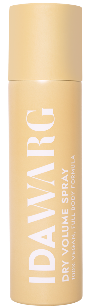Een beige spraybusje met het label \"IDAWARC\" voor droog volume body spray.