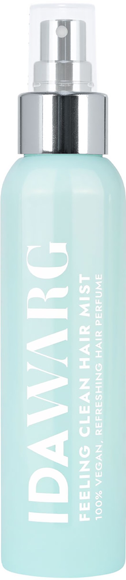 Een lichtblauwe sprayfles met witte tekst voor haarmist. Het label zegt IDAVIRG en heeft een glanzende zilveren dop.