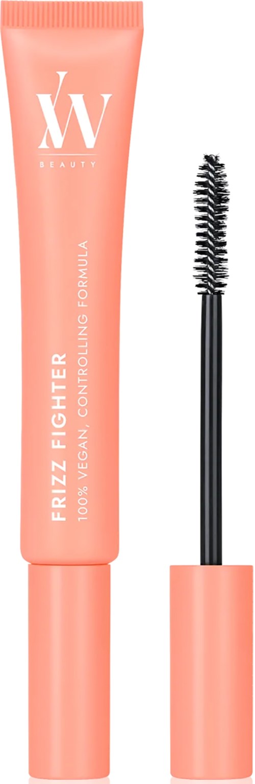 Een koraalroze mascara-tube met een zwart borsteltje en gebogen applicator. Het labelt 'W Beauty' en 'Frizz Fighter'.