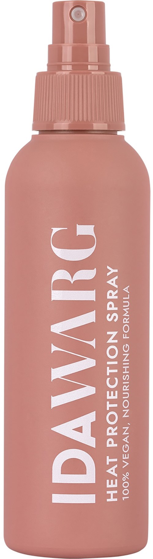 Roze sprayfles met label 'IDAVARG HEAT PROTECTING SPRAY, Nourishing Formula'.
