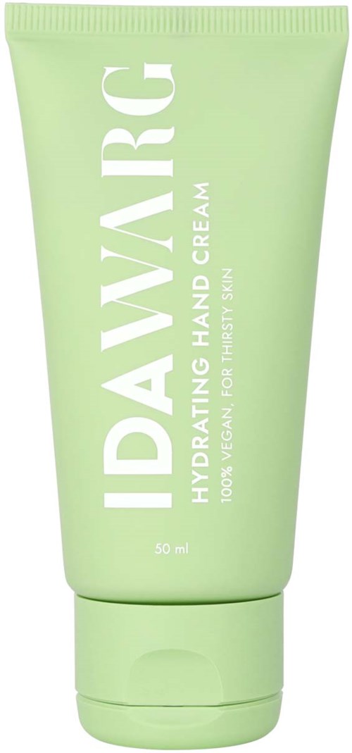 Een lichtgroene tube met 'IDAWARC' erop, bevat handcrème voor droge huid.