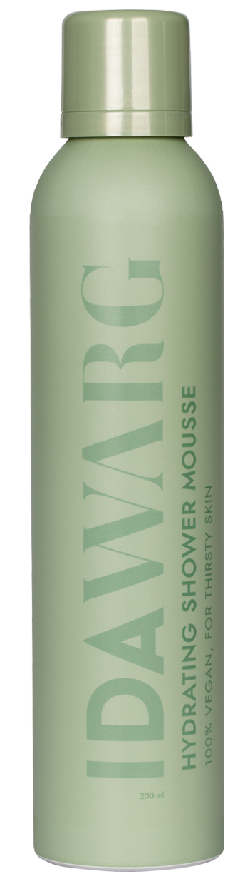 Lichtgroene fles met label 'IDAWARC Hydrating Shower Mousse' en dop.
