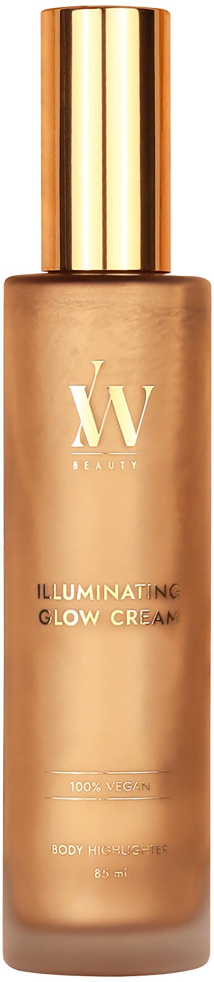 Eine lange Flasche mit goldener Kappe für WV Beauty Illuminating Glow Cream. Braun, matt und mit schlichten Text.