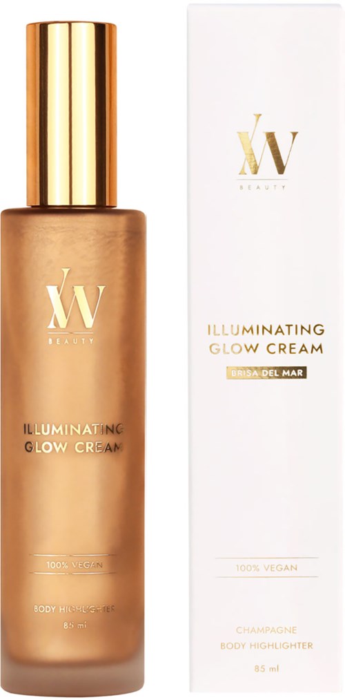 Eine bronzefarbene Flasche mit Goldkappe neben einer weißen Schachtel. Beide tragen die Aufschrift 'Illuminating Glow Cream' von W Beauty.