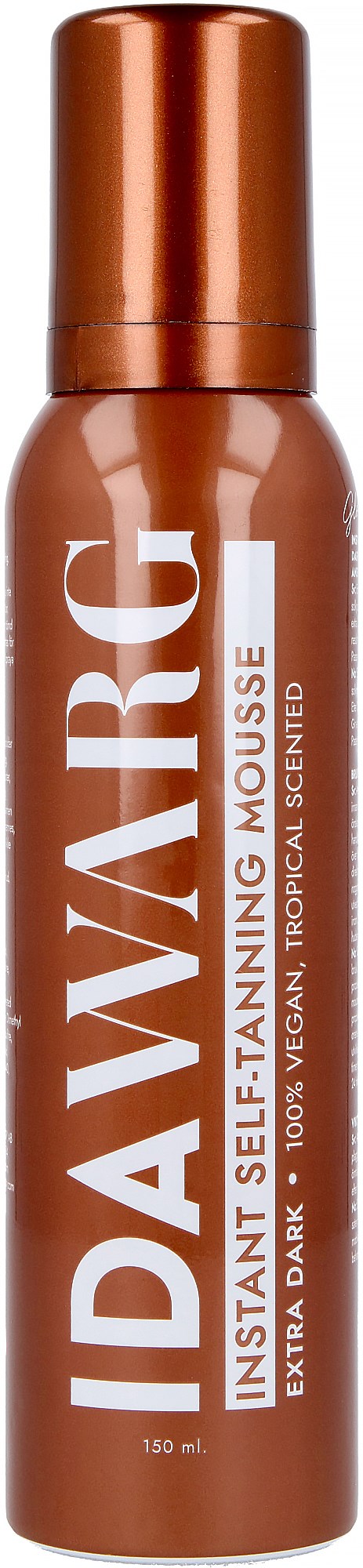 Een bruine bus DARVC Instant Self-Tanning Mousse met een bronzen dop, gemarkeerd voor donker, veganistisch, tropisch geur.