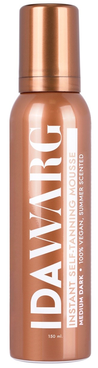 Een rosegouden sprayfles met 'IDAVARG' erop en een wit en roze ontwerp, voor lichaamsverzorging.
