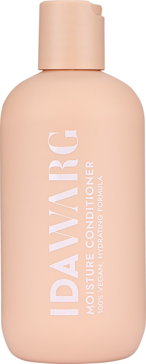 Eine beige Flasche mit weißem Text, beschriftet 'Davines Moisture Conductor', sieht schlicht und sauber aus.