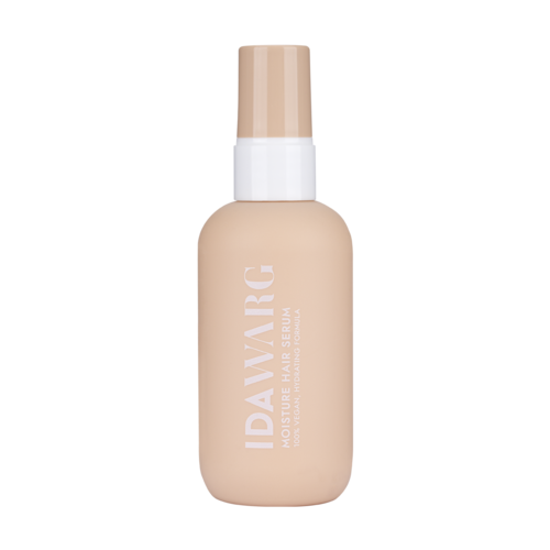 Eine beige Flasche mit Pumpkopf, beschriftet mit 'DAVARG' und 'Moisture Hair Serum'.