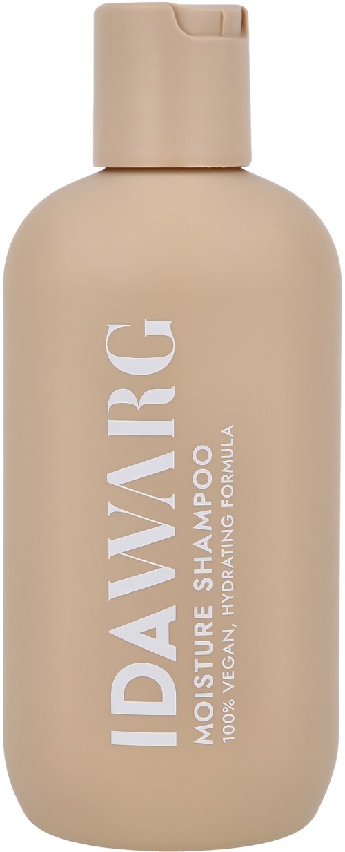 Beige Plastikflasche mit Klappverschluss. Das Etikett sagt 'IDAWAR G Moisture Shampoo, vegane und feuchtigkeitsspendende Formel.'