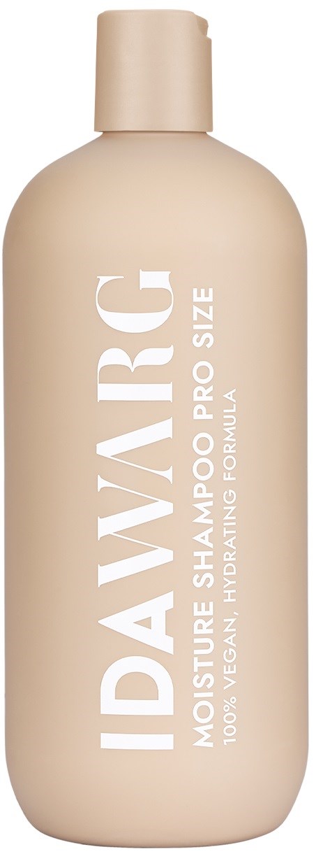 Beige shampoo fles met 'IDAVIRG' en 'Moisture Shampoo Pro Size' en vermeldt vegan en hydraterende formule.