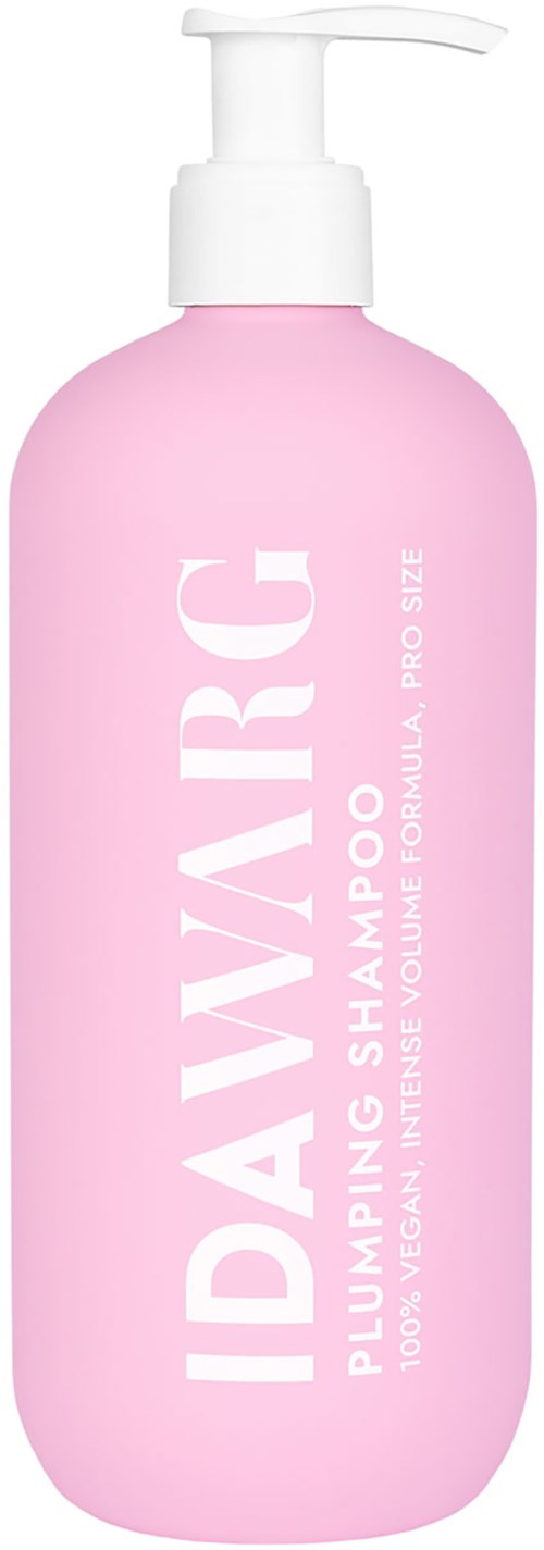 Roze fles met pomp, gemarkeerd 'IDAVIRAL'. Het is een schuimende shampoo voor volume en veganistisch.
