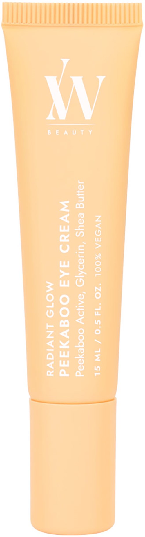 En persikfärgad tub med ögonkräm från W Beauty med texten 'Peel & Glow Eye Cream' och 'Brightening Pearl Extract'.