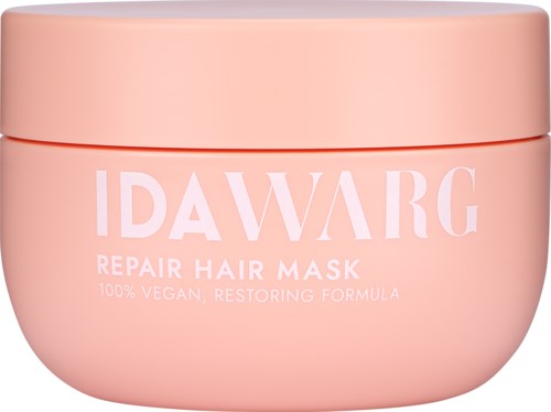 Een roze pot met de tekst 'IDAWARG Repair Hair Mask, 100% Vegan, Restoring Formula.'
