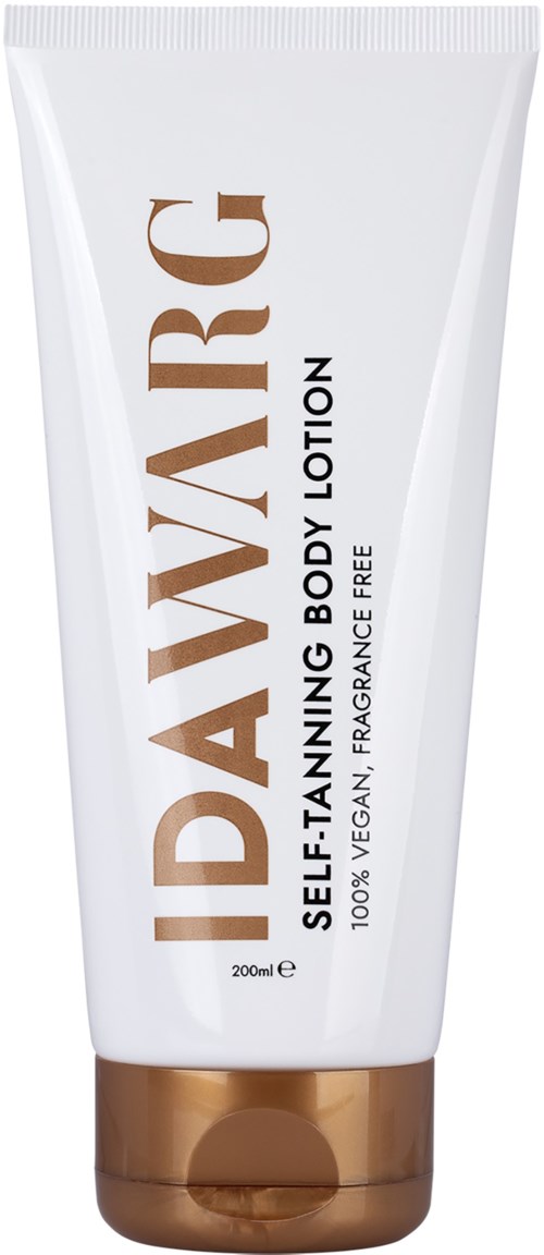 A white tube labeled 'Self-Tanning Body Lotion' with a brown cap. It claims to be vegan and fragrance free.
