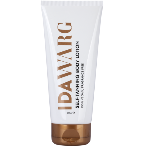 A white tube with a brown cap labeled 'DAWADIRG' and 'Self-Tanning Body Lotion.'