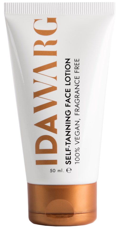 De tube is wit met een bronzen dop, met label 'IDAWARG Self-tanning face lotion, vegan, fragrance-free, 50 ml.'