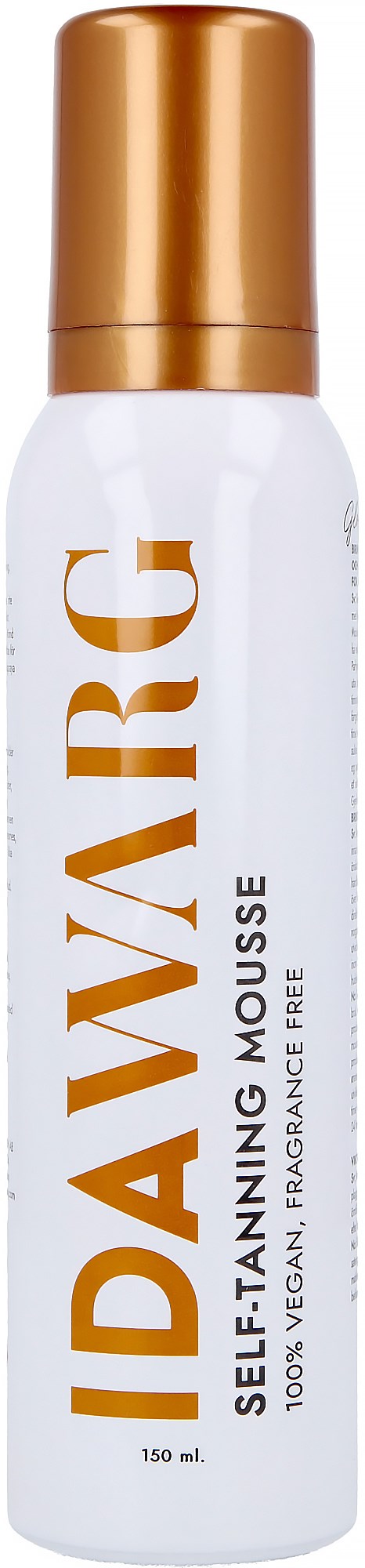 A white bottle with golden cap and gold lettering, labeled DARDARC, self-tanning mousse, fragrance free.