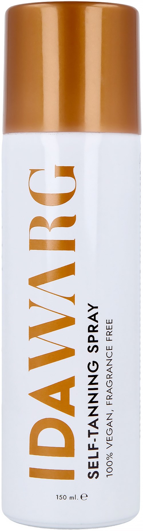 Een witte spraybus met een bronzen dop, gelabeld "DANVARG SELF-TANNING SPRAY".