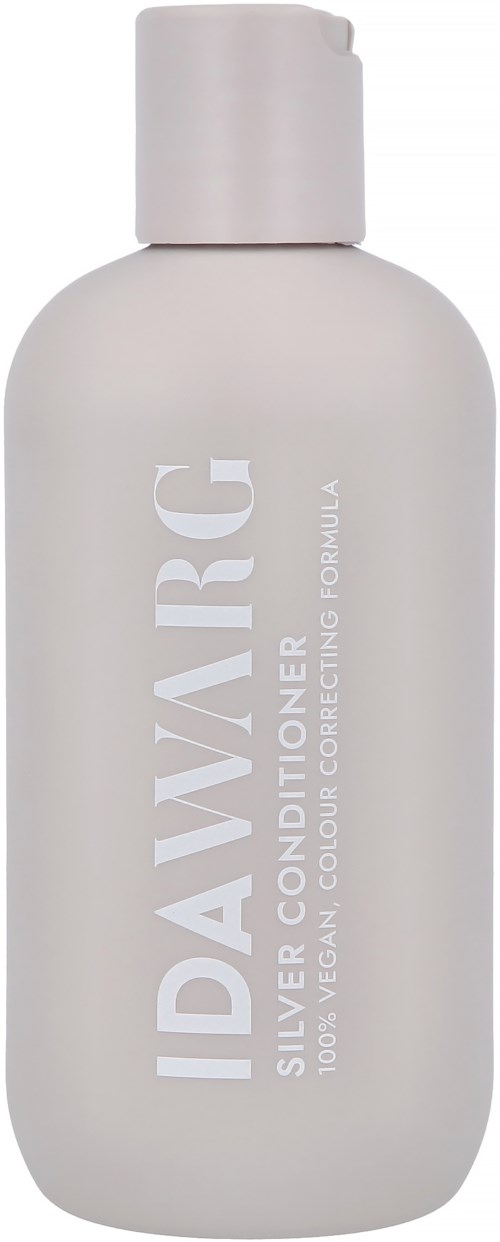 Eine weiße Flasche mit Klappverschluss, beschriftet 'IDAVARG SILVER CONDITIONER' für Haarpflege.