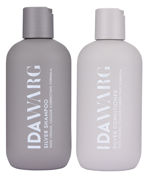 Zwei Flaschen Silbershampoo und Conditioner, grau und weiß, für Haarpflege.