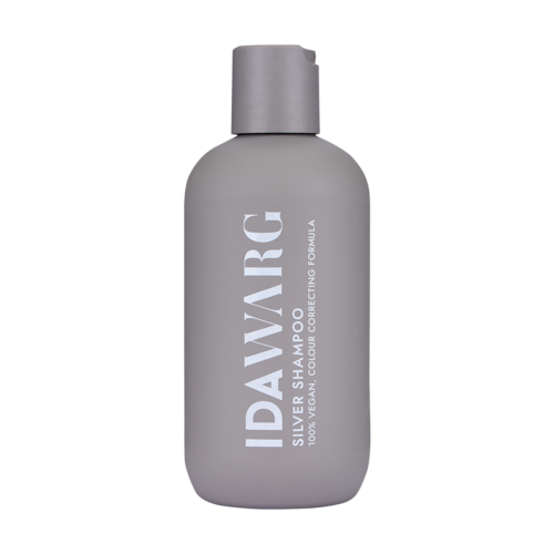 Eine graue Flasche IDAVARG Silver Shampoo mit grauem Deckel für Haarpflege.