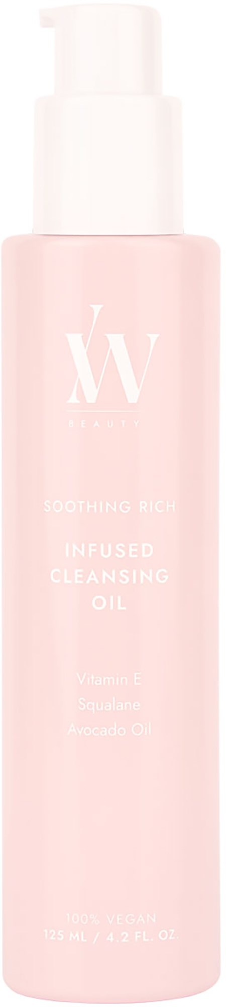 Valkoinen pumppu ja vaaleanpunainen pullo, merkitty 'W' ja 'Infused Cleansing Oil.'