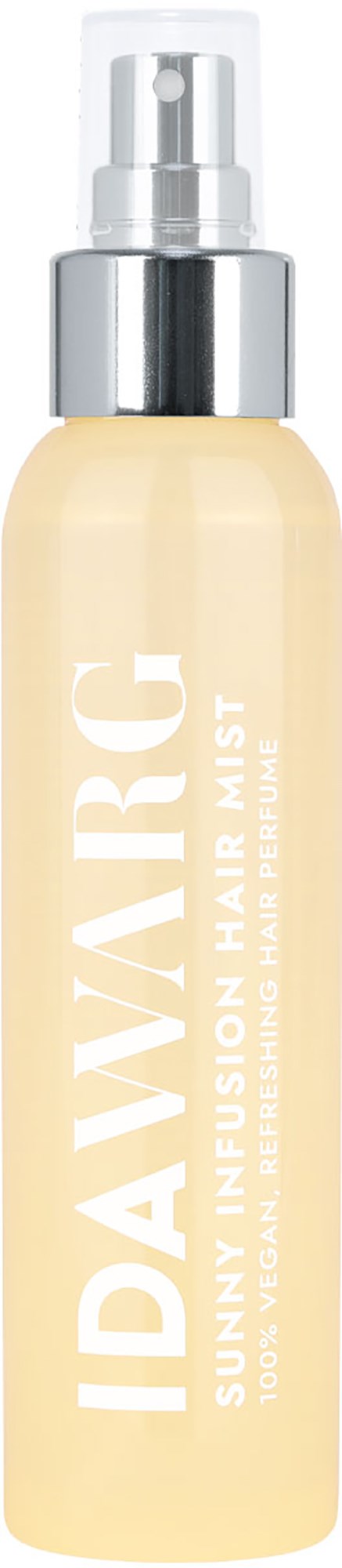Eine Sprühflasche mit der Aufschrift 'IDAVIRIC SUNY INFLUISION HAIR MIST' mit silberner Kappe und Sprühkopf.
