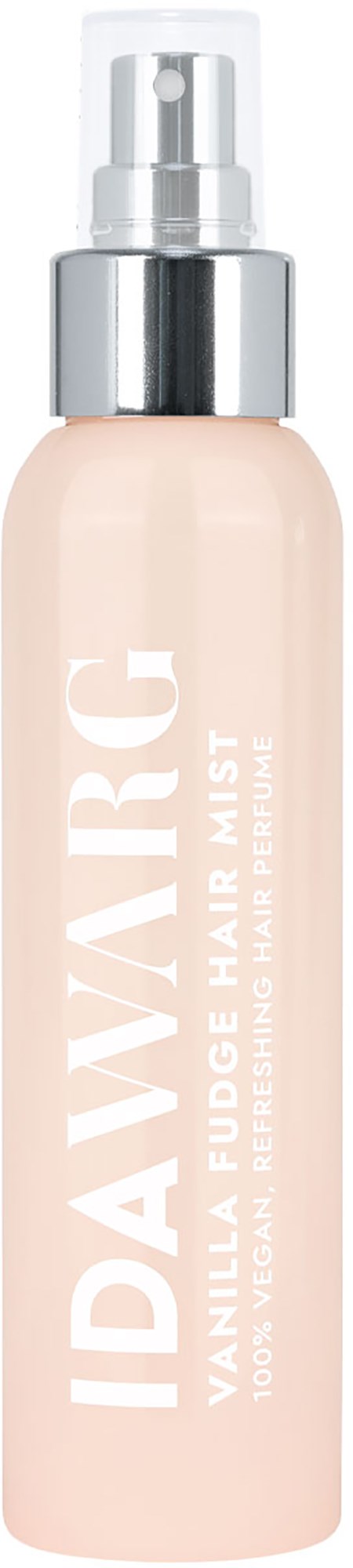 Light pink spray bottle of vanilla fudge hair mist with a silver cap and pump.