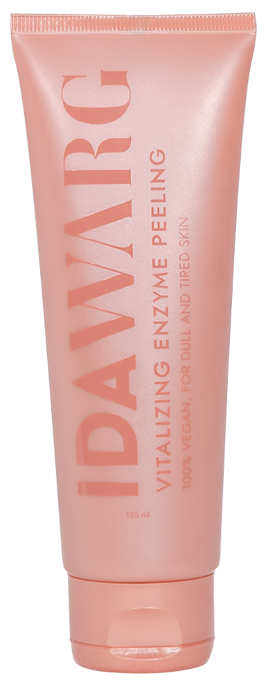 Roze tube met huidverzorgingsproduct en oranje tekst, gemarkeerd 'IDAWARC' en 'Vitalizing Enzyme Peeling'.