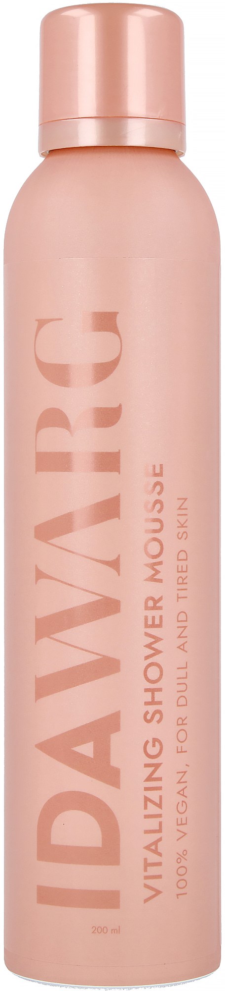 Een lange roze fles met het label 'IDAVORC' en 'VITALIZING SHOWER MOUSSE' voor droge, vermoeide huid.