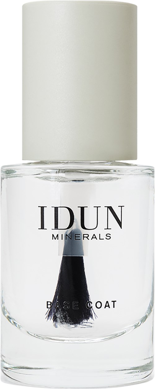 A clear bottle with a white cap contains black nail polish. The label says 'IDUN Minerals Base Coat.'