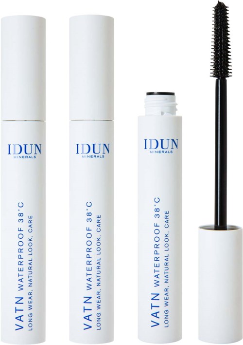 Eine weiße Mascara-Hülse mit dem Namen IDUN MINERALS, eine Mascara-Bürste und ein kleiner weißer Behälter.