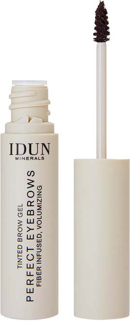 A white tube of brow gel with a black brush, featuring the brand IDUN MINERALS and product name on it.