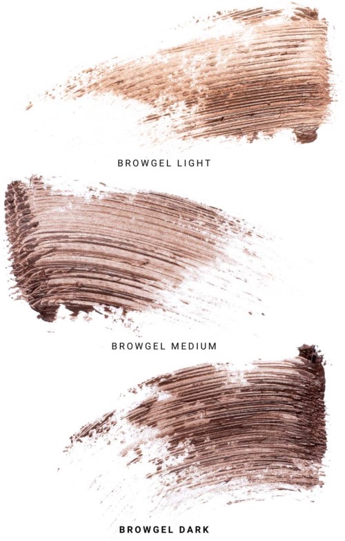 Three different browgel shades: light, medium, and dark, shown as brush strokes with corresponding labels.