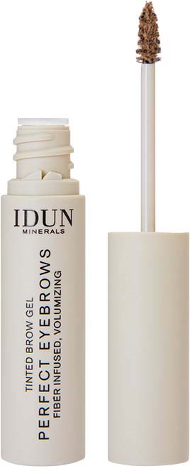 Eine weiße Tube mit Brauen Gel und Applikatorschwamm, beschriftet 'IDUN MINERALS' und 'Tinted Brow Gel'.