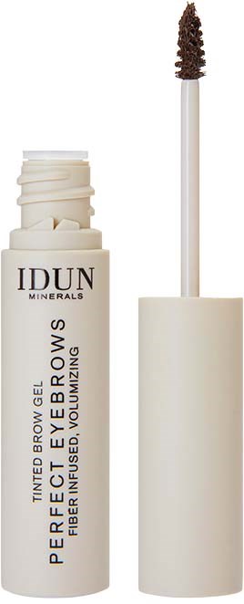 A white bottle with a wand, labeled for eyebrow tinting, with the wand showing brown gel above the cap.